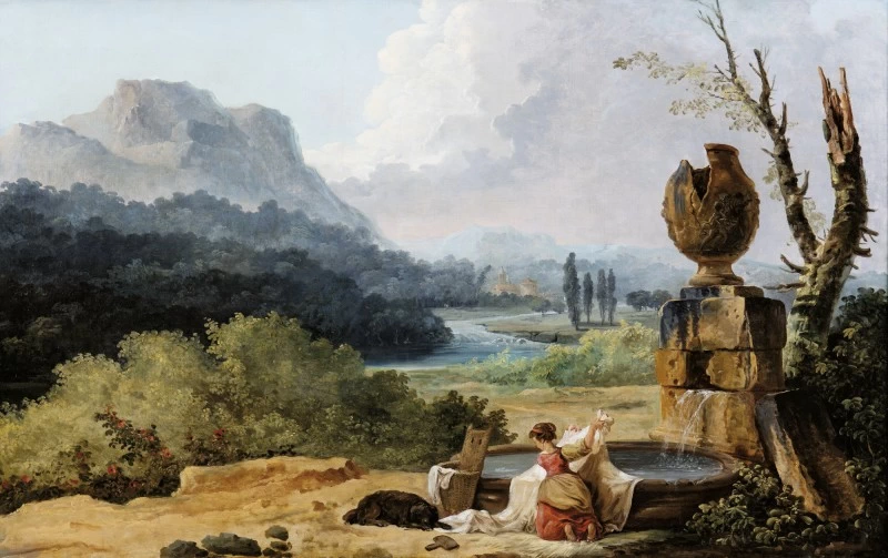 Donna alla fontana in paesaggio